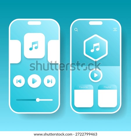 This modern mobile music player app user interface design features audio controls, playlist sections, and media playback screens
