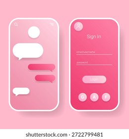 Este moderno design de interface do usuário do aplicativo móvel rosa apresenta uma tela de login e layout de interface de bate-papo.