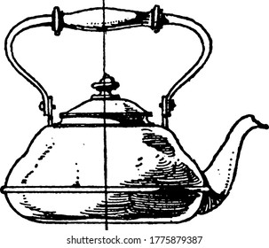 This Modern Pipe-spout Pot is a tea-kettle with ring type handle with wooden band and flat bottom. It is made out of copper, vintage line drawing or engraving illustration.