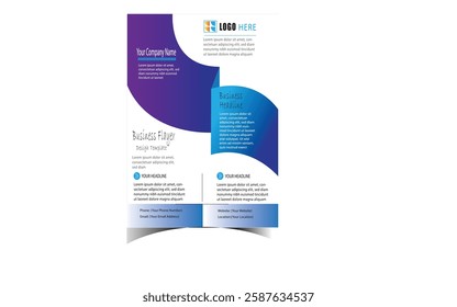 This is a modern and professional business brochure template featuring a sleek design with shades of blue, purple, and white. The layout includes curved and overlapping elements, giving it a dynamic a