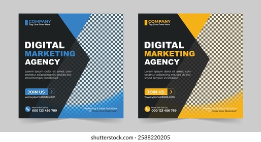 This is a modern and professional digital marketing agency social media post template. It is designed for businesses, agencies, and freelancers who want to promote their services online. The template 