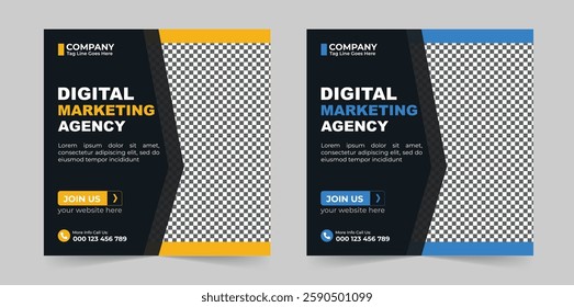 This is a modern and professional digital marketing agency social media post template. It is designed for businesses, agencies, and freelancers who want to promote their services online. The template 