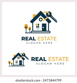 This modern real estate logo features a house with a prominent key, symbolizing the unlocking of new homes and opportunities. 