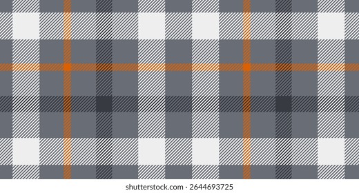 Este padrão moderno de tartã xadrez combina tons de cinza, branco e laranja com linhas de interseção arrojadas, perfeitas para designs contemporâneos e elegantes.