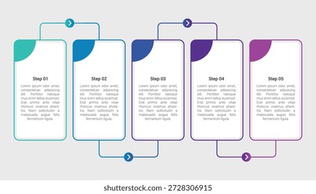 This modern timeline infographic illustrates a 5 step horizontal process flow, ideal for business presentations or project road maps. Use this colorful template to visualize sequential steps, history, or development stages effectively.