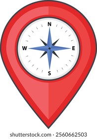 This modern vector illustration combines a compass rose with a red map pin, symbolizing navigation, travel, and location.