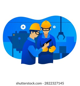 This modern vector illustration depicts two professional industrial engineers collaborating on a smart factory floor. Dressed in blue protective uniforms, yellow hard hats, and safety goggles, the technicians utilize a digital tablet to review real-time automated data and machinery operational controls. The vibrant blue-toned background features stylized elements of manufacturing gear, heavy assembly machinery, and an overhead crane claw, making this flat graphic design ideal for websites and presentations focused on advanced manufacturing technology, workplace safety compliance, and workforce efficiency.#IndustrialEngineers #SmartFactory #ManufacturingTechnology #WorkplaceSafety #FactoryWorkers #EngineeringIllustration #VectorGraphic #DigitalTablet #IndustrialAutomation #TechInIndustry