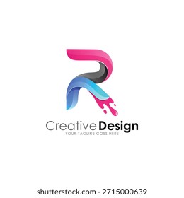 Esta Ilustración vectorial moderna presenta un diseño de logotipo creativo y dinámico que representa la letra "R". El personaje está construido a partir de una forma de cinta continua doblada que crea una sensación de profundidad y movimiento. El diseño utiliza una paleta de colores degradados vibrantes, que se transforma suavemente de azul brillante y cian en la parte inferior izquierda a rosa profundo y magenta en la parte superior y la cola. Un efecto de salpicadura distintivo, que se asemeja a la pintura líquida o gotas de tinta,