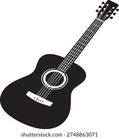 This modern vector illustration presents a striking silhouette of an acoustic guitar created with a bold monochrome approach. The design focuses on simplicity and clarity, highlighting the recognizable structure of the instrument through smooth curves and carefully balanced proportions. The guitar body appears as a solid dark shape while delicate white lines represent the strings and sound hole details, creating a visually engaging contrast.

The composition is centered to maintain a clean and professional appearance. Every element of the instrument, including the neck, tuning pegs, bridge, and circular sound hole, is illustrated with precision to maintain an authentic yet simplified representation. The balanced layout ensures the artwork remains visually appealing while preserving the iconic identity of the guitar.

A minimal background allows the subject to stand out clearly. The strong contrast between dark and light tones enhances visibility and makes the illustration suitable for many graphic purposes. The refined silhouette style gives the design versatility, allowing it to function effectively in logos, icons, posters, educational materials, music related branding, or decorative artwork.

Smooth edges and carefully shaped contours contribute to a polished visual result. The graphic simplicity also ensures the design scales easily for both large and small formats without losing clarity. Because of its vector-inspired appearance, the artwork is well suited for print production, digital media, promotional graphics, and creative music themed designs.

Musical instruments often symbolize creativity, rhythm, and emotional expression. This illustration captures that spirit through a modern design language while maintaining a timeless visual presence. The elegant structure and balanced form provide a strong graphic identity that works well in contemporary environments.

With its clean composition, sharp structure, and clear musical symbolism, this illustration offers a professional visual solution for proje