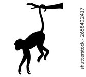 This monkey silhouette shows a monkey hanging from a tree branch using only its monkey tail. The monkey’s tail is wrapped tightly around the branch, keeping the monkey safe and steady. Monkeys have
