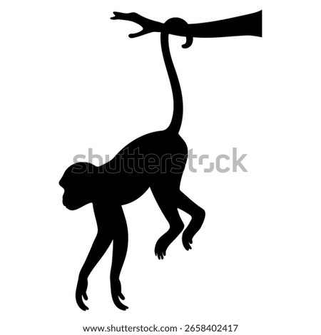 This monkey silhouette shows a monkey hanging from a tree branch using only its monkey tail. The monkey’s tail is wrapped tightly around the branch, keeping the monkey safe and steady. Monkeys have