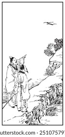 This monochromatic illustration features two robed figures on a cliff, gesturing towards a soaring bird, amidst rugged scenery and overhanging foliage.