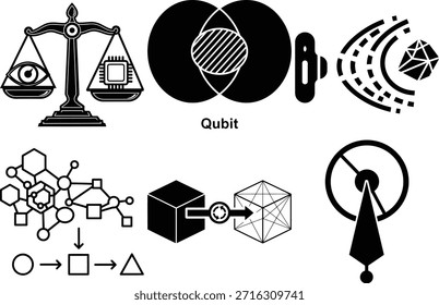 Esta Imagen monocromática muestra una colección diversa de íconos abstractos que representan varios conceptos en tecnología e informática. Los símbolos destacados incluyen una escala de equilibrio que pesa un ojo contra un microchip, que ilustra la intersección de la percepción humana y la inteligencia artificial o consideraciones éticas. La Imagen también muestra un "Qubit" para computación cuántica, representaciones abstractas de flujo de datos y estructuras de red, transmisión de señales, transformación digital (un cubo sólido que se convierte en un wireframe) y una interfaz de control. La colección visualiza los paradigmas tecnológicos modernos y los procesos computacionales en un estilo limpio y gráfico.