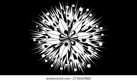 Este diseño abstracto monocromo presenta una forma floral central rodeada de Elementos geométricos radiantes sobre un fondo negro. La Imagen tiene un estilo moderno y minimalista con un enfoque en