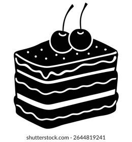 This monochrome art shows a slice of cake topped with two cherries; the cake features layers with white frosting, creating a tempting sweet treat. It has a transparent background.