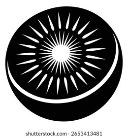 This monochrome graphic art presents a stylized circle where sharp white rays emanate from the center, suggestive of sunbeams. It also evokes a celestial fusion of moon and sun concepts.