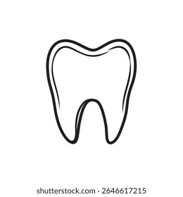 This monochrome graphic features a line drawing of a human tooth with a distinctive shape, set against a clean, bright white backdrop, rendered as transparent background.