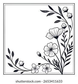 This monochrome graphic features a square frame adorned with detailed floral and foliage elements in the corner. It offers an elegant botanical border with a clean, transparent backdrop.