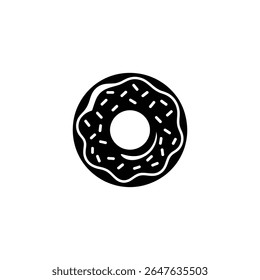 This is a monochrome graphic illustration of a donut, topped with a glaze design and sprinkled with small dashes, set against a stark white background.