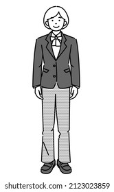 This is a monochrome illustration of a female student standing facing the front wearing a school uniform with slacks and ribbons. There is also one of a combination of slacks and a tie.