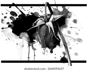 Esta imagem monocromática mostra uma rosa em queda e com orifícios no centro, desenhada em preto e branco. Atrás da rosa há uma dramática mancha de tinta preta com gotejamento e manchas menores. 