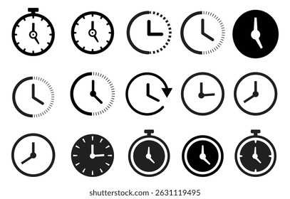 This monochrome image features a variety of stylized timekeeping icons. Clock faces with hands, stopwatches, and timers illustrate different concepts. 