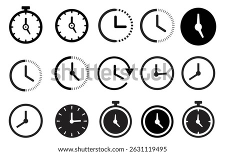 This monochrome image features a variety of stylized timekeeping icons. Clock faces with hands, stopwatches, and timers illustrate different concepts. 
