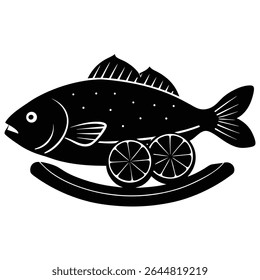 Esta imagem monocromática mostra um peixe preto elegantemente apresentado numa placa, complementado por duas fatias de limão, sobre um pano de fundo transparente limpo.