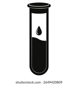 Esta imagem monocromática mostra um simples ícone a preto e branco de um tubo de ensaio com líquido e uma única gota suspensa na seção superior; fundo transparente.
