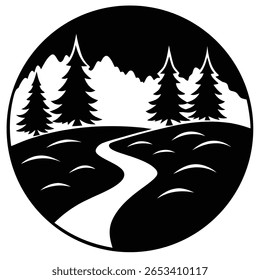 Esta paisagem monocromática apresenta uma silhueta simplificada de cordilheira, árvores perenes e um caminho de serpentear em uma moldura circular, criando uma cena de natureza dura e mínima.
