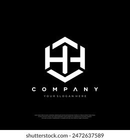 This monochrome logo features stylized HH initials above a bold company name with a placeholder for a slogan. The design is symmetrical and professional