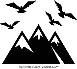 This monochrome scene shows birds in flight high above three black mountain peaks capped with white snow, evoking concepts of wilderness and freedom.