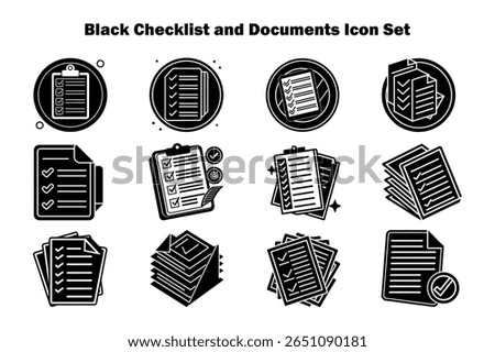 This monochrome set features multiple stylized clipboard and document representations with checklist marks, visually communicating business organization and task completion in black and white.
