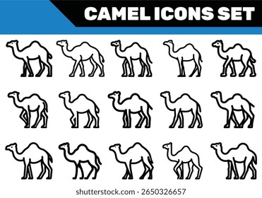 This monochrome sheet presents a set of fifteen outlined camel icons in various poses, creating a visual array of the distinct mammal on a clean, white background.