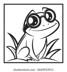 This monochrome vector depicts a cartoon frog wearing round spectacles, sitting in a patch of grass within a square frame against a white backdrop.