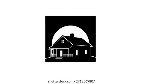 Dies ist eine monochrome Vektorgrafik einer gemütlichen Haussilhouette. Das Design verfügt über ein einfaches, aber elegantes Zuhause auf dunklem Hintergrund mit hellem Mond. Ideal für architektonische oder reale