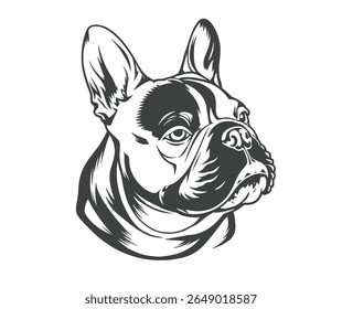 Esta é uma ilustração vetorial monocromática de uma cabeça de Bulldog Francês. A imagem apresenta sombreamento detalhado e um fundo branco limpo.