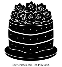 This monochrome vector shows a tiered cake sitting on a plate, adorned with many stylized rose decorations on top, and features simple decorations on its sides.