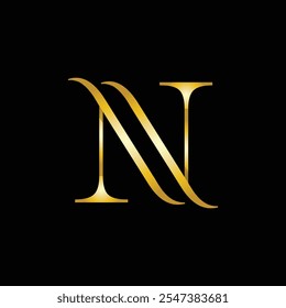 Este diseño monográfico es un logotipo clásico de la letra N en color dorado en estilo serif que se ve elegante y elegante sobre un fondo negro