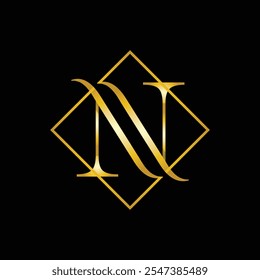 Este diseño monográfico es un logotipo clásico de la letra N en color dorado en estilo serif en un marco cuadrado que se ve elegante y elegante sobre un fondo negro

