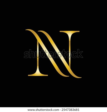 This monogram design is a classic letter N logo in gold color in serif style that looks elegant and classy on a black background
