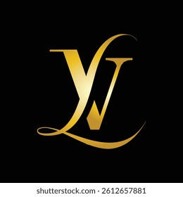 
this is a monogram design of initial LV in gold color in classic serif font on a black background that looks expensive and elegant
