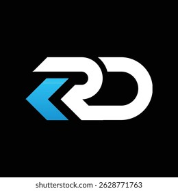 this is a monogram image of a connected initials RD with arrow in modern font style that looks bold in white and blue color on a black background