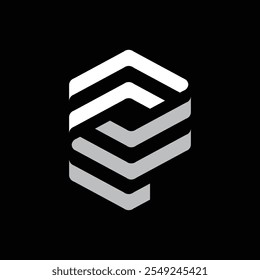 This is a monogram logo design of an initial letter P in line style in white and grey color that looks clean on a black background


