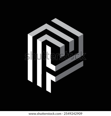 This is a monogram logo design of an initial letter P in hexagonal cube shape in line style in white and grey color that looks clean on a black background