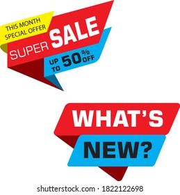 This month special offer, super sale, upto 50% off and what's new label, banner. Vector illustration