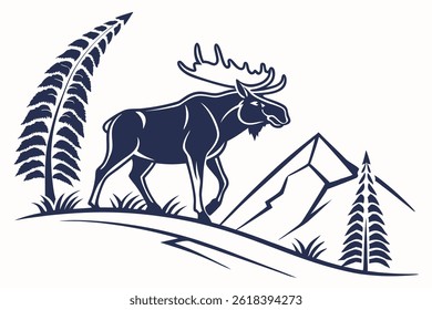 This moose silhouette vector illustration features a bold, black outline of a moose standing gracefully against a clean white background. The moose is depicted in profile, showcasing its large, mescal
