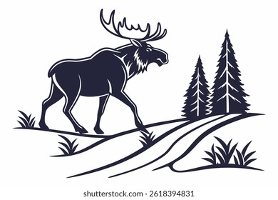 This moose silhouette vector illustration features a bold, black outline of a moose standing gracefully against a clean white background. The moose is depicted in profile, showcasing its large, muscul
