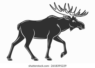 This moose silhouette vector illustration features a bold, black outline of a moose standing gracefully against a clean white background. The moose is depicted in profile, showcasing its large, muscul