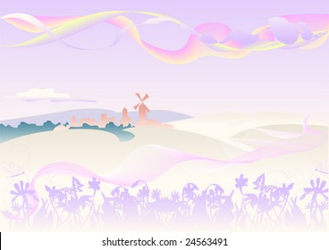 This is morning landscape with the image of small town and a mill on horizon